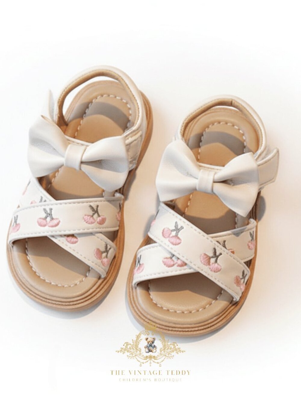 NWT Pretty Girls Embroidered Floral Sandals Children's Shoes Bow Cream & Pink 10
